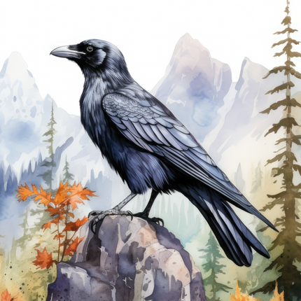 A fabric panel featuring a detailed illustration of a raven perched on a rock, with a scenic background including trees and mountains.