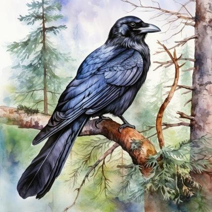 A digitally printed 100% cotton fabric panel featuring a black raven perched on a branch with a forest background.