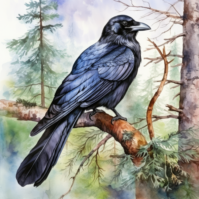 A digitally printed 100% cotton fabric panel featuring a black raven perched on a branch with a forest background.