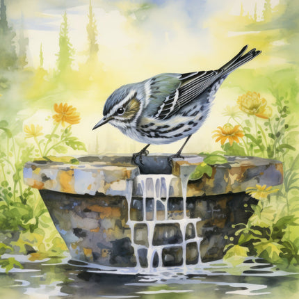 A fabric panel featuring an illustration of a warbler bird perched on a rock with water and flowers in the background.