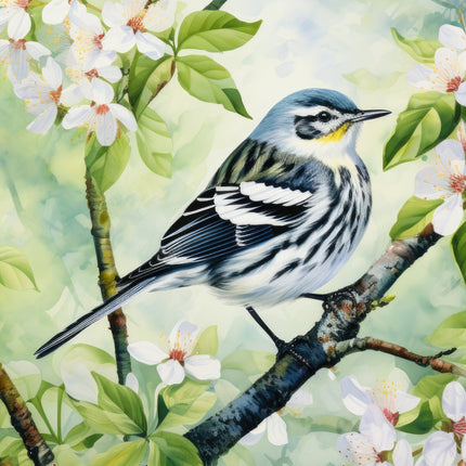 A fabric panel featuring a warbler bird perched on a branch with floral blossoms
