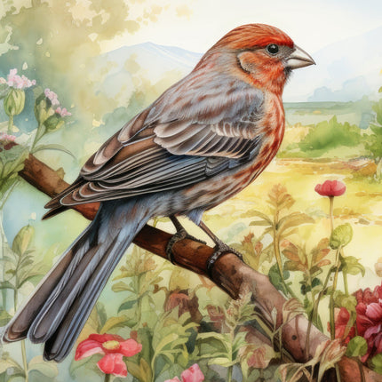 A fabric panel featuring a detailed illustration of a finch bird perched on a branch