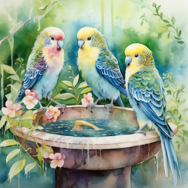 A fabric panel featuring a digitally printed design with three parakeets perched on a birdbath, surrounded by greenery and pink flowers.
