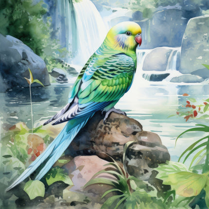 A fabric panel featuring a watercolor illustration of a green parakeet perched on a rock, with a scenic background including a waterfall and foliage.