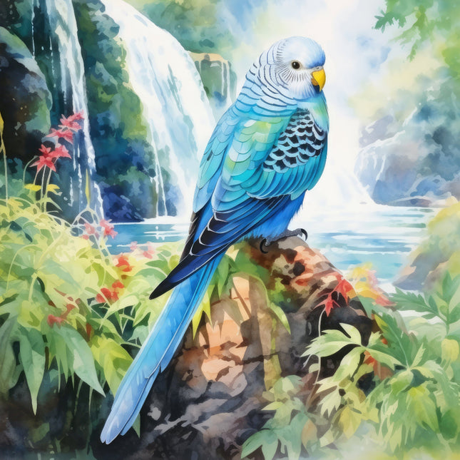 A digitally printed 100% cotton fabric panel featuring a blue parakeet perched on a rock with a waterfall and greenery in the background.