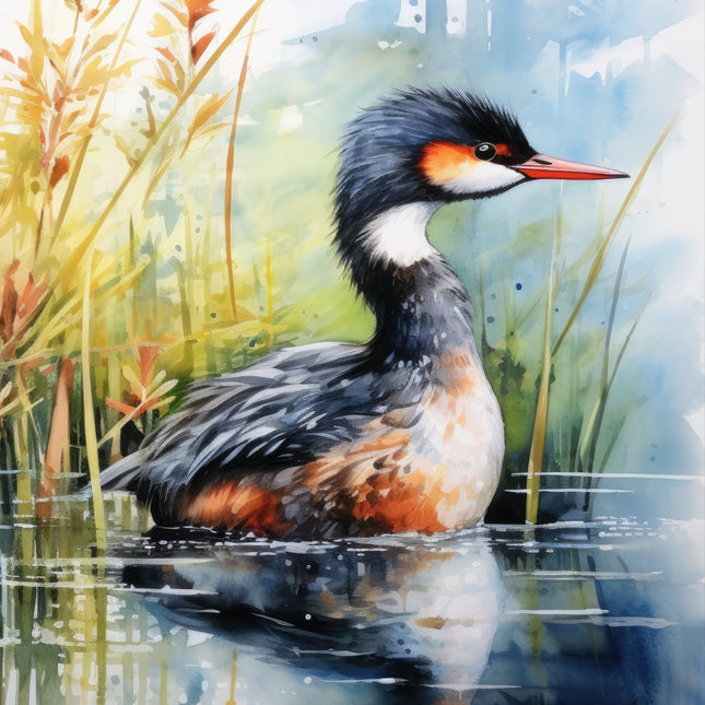 A digitally printed 100% cotton fabric panel featuring a bird, specifically a Grebe, with a water and grassy background.