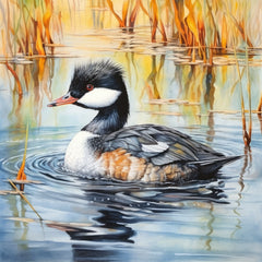 A digitally printed 100% cotton fabric panel featuring a bird, specifically a grebe, swimming in water with reflection of grasses in the background.