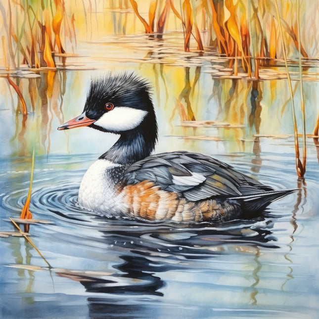 A digitally printed 100% cotton fabric panel featuring a bird, specifically a grebe, swimming in water with reflection of grasses in the background.