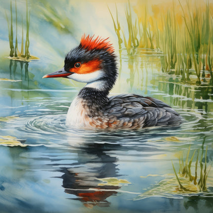 A digitally printed 100% cotton fabric panel featuring a bird, the Grebe, with a red patch on its head, swimming in a body of water with reflections and greenery.