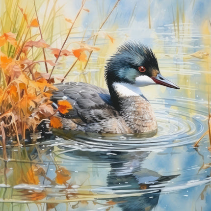 A fabric panel featuring an image of a grebe bird on water with autumn leaves in the background.
