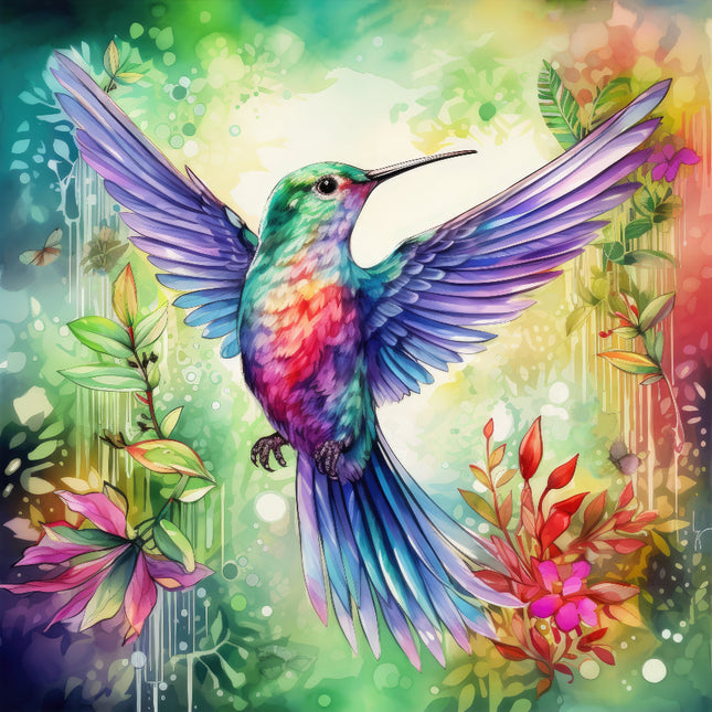 A colorful fabric panel featuring a digital print of a hummingbird with wings extended, surrounded by floral elements on a green background.