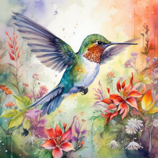 A fabric panel featuring a watercolor illustration of a hummingbird with wings extended, hovering over colorful flowers.