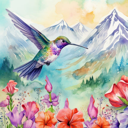 A fabric panel featuring a watercolor illustration of a hummingbird with a mountain range and colorful flowers in the background.