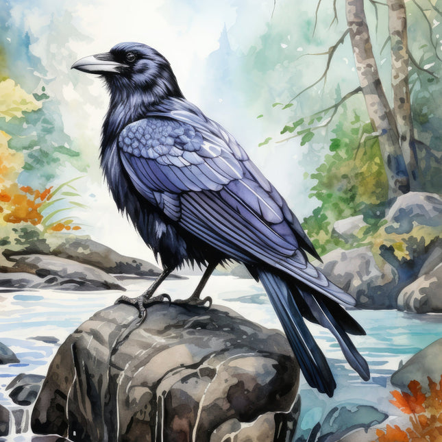 A digitally printed 100% cotton fabric panel featuring a black crow perched on a rock 