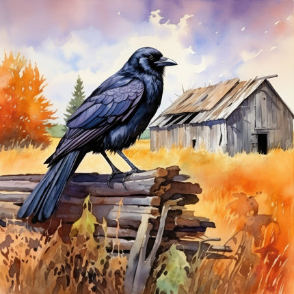 A fabric panel featuring a crow perched on a fence with a rustic wooden structure and autumnal landscape in the background.