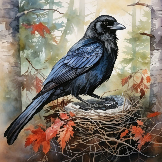 A fabric panel featuring a digitally printed black crow perched on a nest with autumn leaves fabric panel