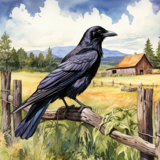 A fabric panel featuring a digital print of a crow perched on a fence with a scenic background.