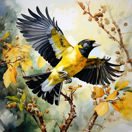 A digitally printed 100% cotton fabric panel featuring a grosbeak bird in flight with yellow, black, and gray colors against a background of autumn leaves.