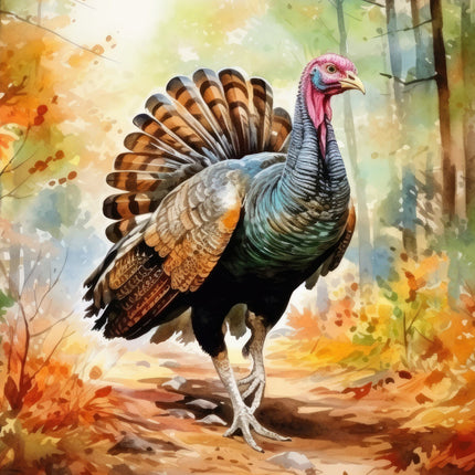 A digitally printed 100% cotton fabric panel featuring a turkey bird in a natural setting with autumn leaves.
