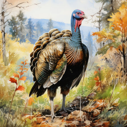 A fabric panel featuring a digitally printed turkey in a natural outdoor setting.