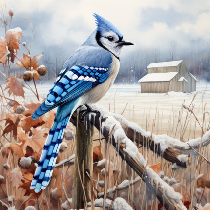 A fabric panel featuring a blue jay bird perched on a fence post with a snowy landscape and a house in the background.