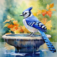 A digitally printed 100% cotton fabric panel featuring a blue jay bird perched on a fountain with autumn leaves in the background.