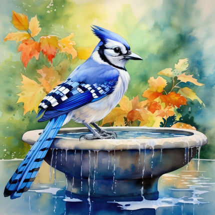 Blue jay bird perched on a stone ledge with autumn leaves quilt panel