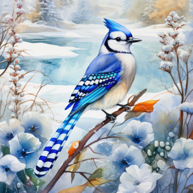 A digitally printed 100% cotton fabric panel featuring a blue jay bird perched on a branch with blue flowers in the background.