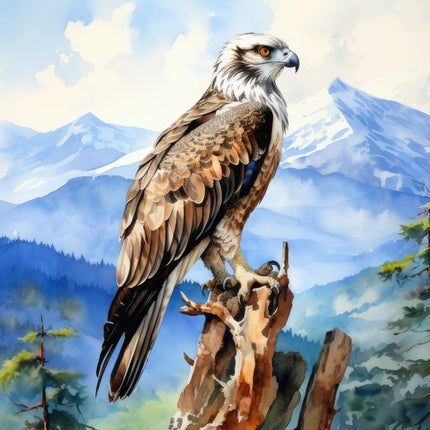 A fabric panel featuring a watercolor illustration of an Osprey bird of prey perched on a stump with a mountainous landscape in the background.