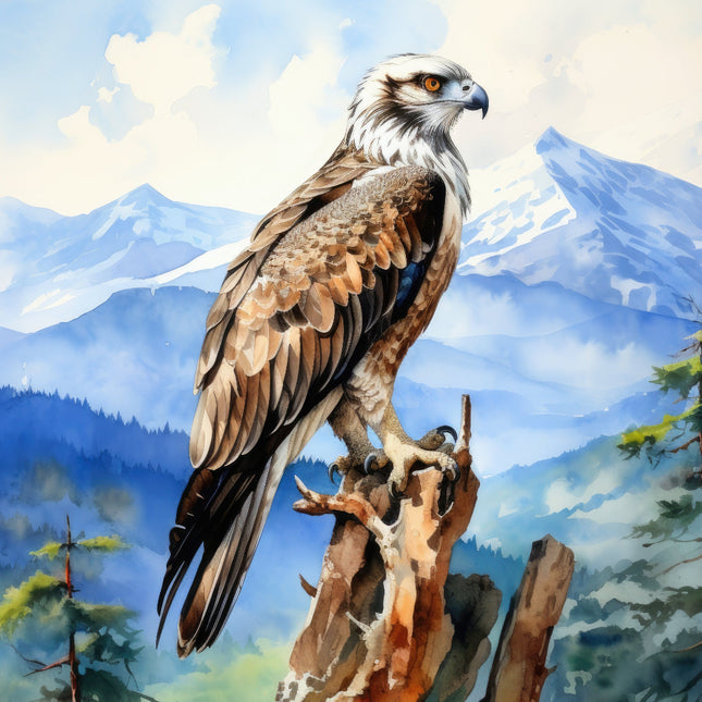 A fabric panel featuring a watercolor illustration of an Osprey bird of prey perched on a stump with a mountainous landscape in the background.