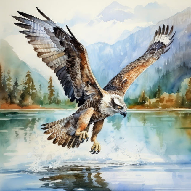A digitally printed 100% cotton fabric panel featuring an osprey bird in flight with a mountain and forest backdrop.