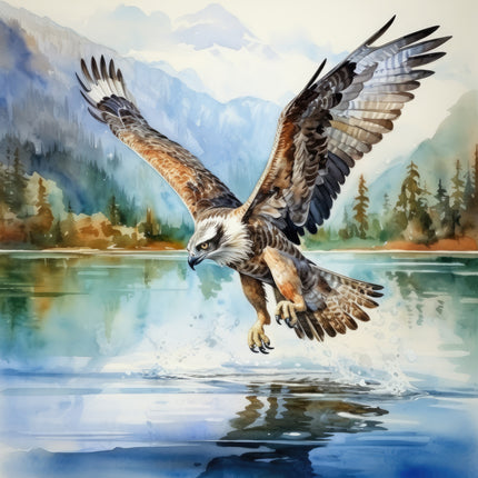 osprey flying over a lake with mountains and trees fabric panel