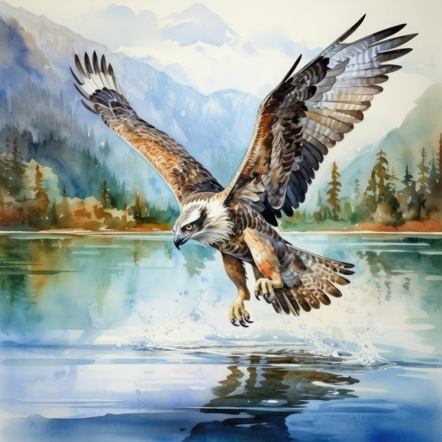 osprey flying over a lake with mountains and trees fabric panel
