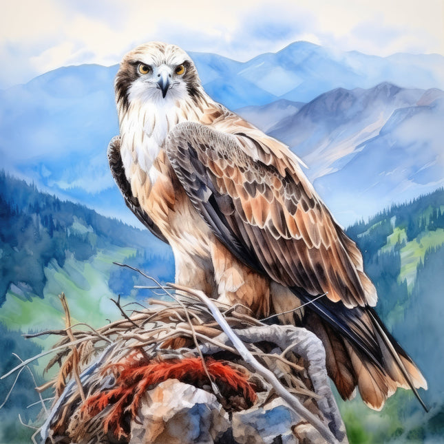 A digitally printed 100% cotton fabric panel featuring an osprey bird perched on a nest with a mountainous landscape in the background.