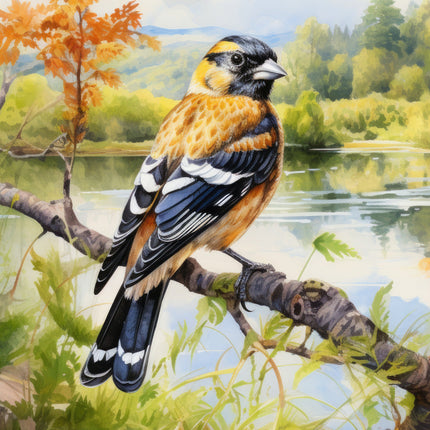 A digitally printed 100% cotton fabric panel featuring a Grosbeak bird perched on a branch with a scenic background.