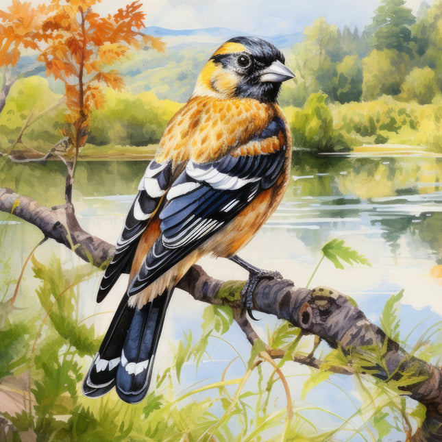 A digitally printed 100% cotton fabric panel featuring a Grosbeak bird perched on a branch with a scenic background.