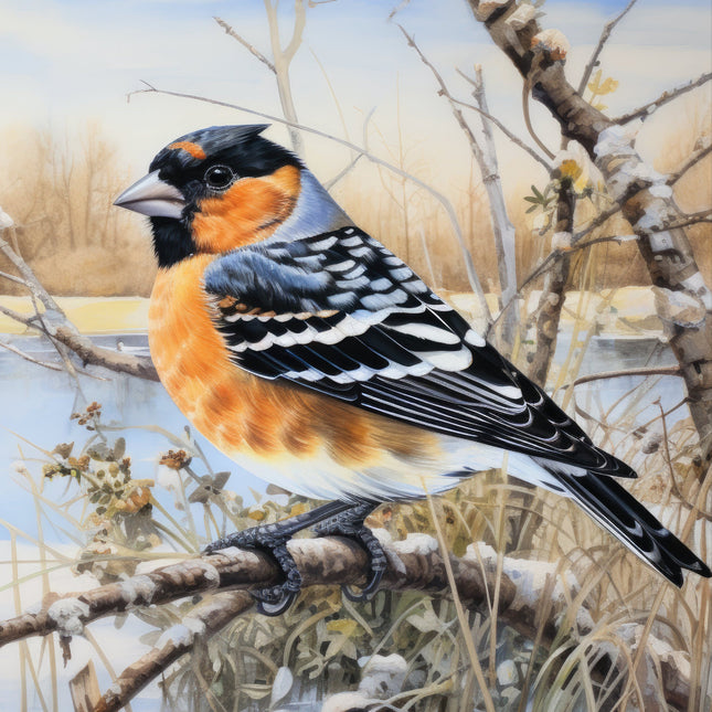 A digitally printed 100% cotton fabric panel featuring a grosbeak bird perched on a branch with leaves and a hint of snow in the background.