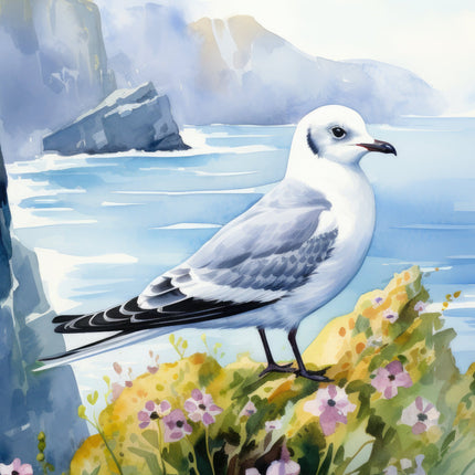 A digitally printed 100% cotton fabric panel featuring a seagull bird perched on a rock with flowers in the foreground and water in the background.
