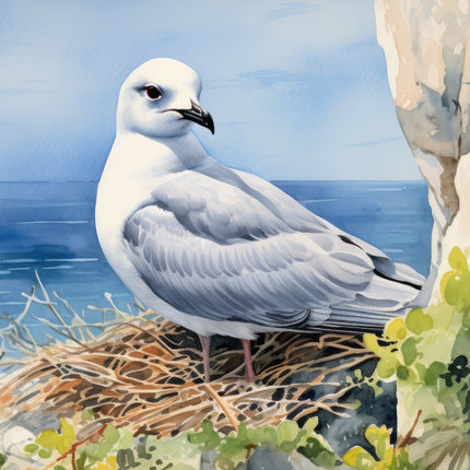 A digitally printed 100% cotton fabric panel featuring a seagull bird sitting on a nest with the ocean and rocks in the background.