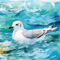 A digitally printed 100% cotton fabric panel featuring a seagull bird surrounded by water.
