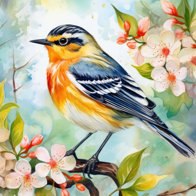 A fabric panel featuring an illustration of a Blackburnian Warbler bird perched on a branch with pink flowers in the background.