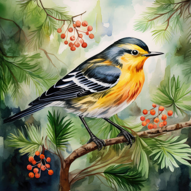 A fabric panel featuring a watercolor illustration of a Blackburnian Warbler bird perched on a branch with red berries, surrounded by green foliage.