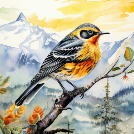 A fabric panel featuring a watercolor illustration of a Blackburnian Warbler bird perched on a branch, with a scenic mountainous background.