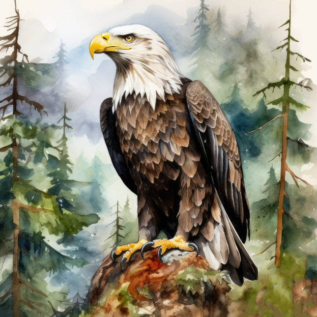 A digitally printed 100% cotton fabric panel featuring a realistic image of a bald eagle perched on a rock with a forest background.