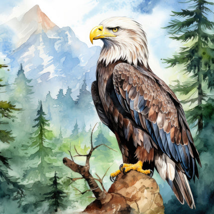 A digitally printed 100% cotton fabric panel featuring a realistic image of a bald eagle perched on a stump with a scenic background of mountains and trees.
