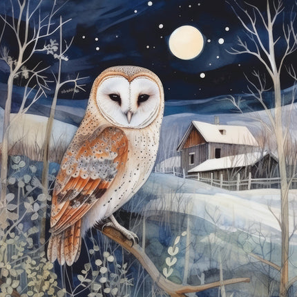 A fabric panel featuring an illustration of a barn owl perched on a branch with a moonlit night background, including a small house and trees.
