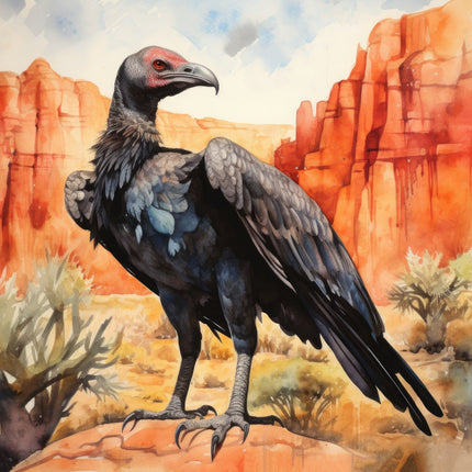 A digitally printed 100% cotton fabric panel featuring a black vulture standing on a rock with a desert landscape