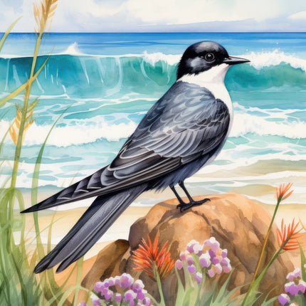 A digitally printed 100% cotton fabric panel featuring a black and white tern bird standing on a rock, with a background of a sandy beach and ocean waves.