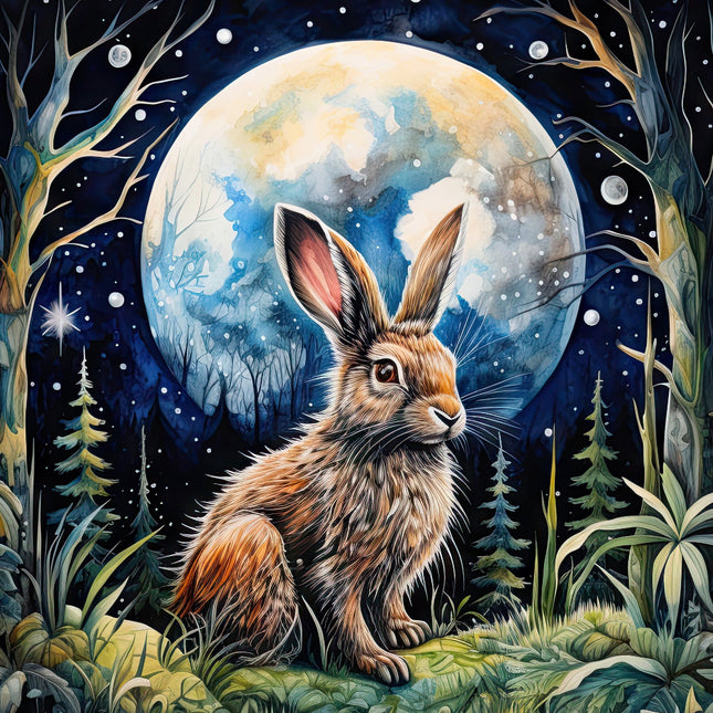 A digitally printed 100% cotton fabric panel featuring a realistic rabbit with a full moon and forest background.