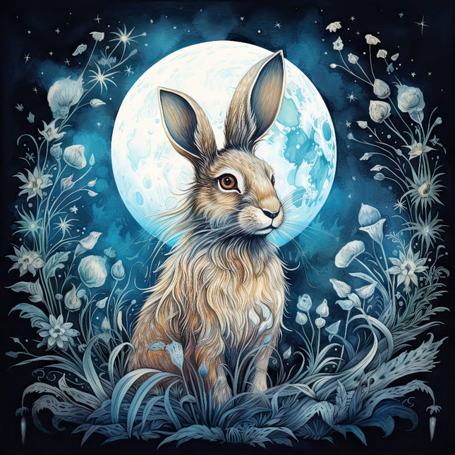 A fabric panel featuring a digitally printed brown rabbit with long ears sitting in front of a large full moon, surrounded by a floral design with blue and white colors.